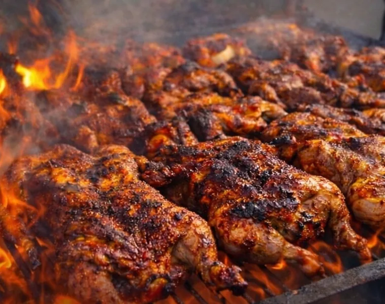 Pollos asados al carbón en la parrilla de La Tapatía Market